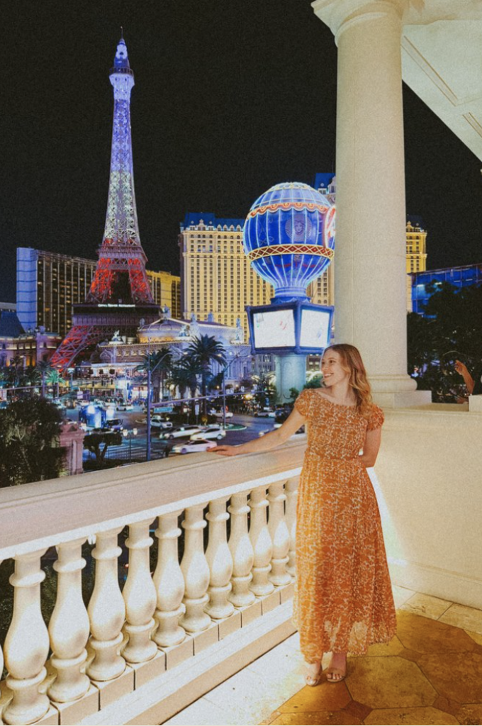 View of the Paris hotel’s Eiffel Tower on the Las Vegas Strip. Take photos here before or after you elope!